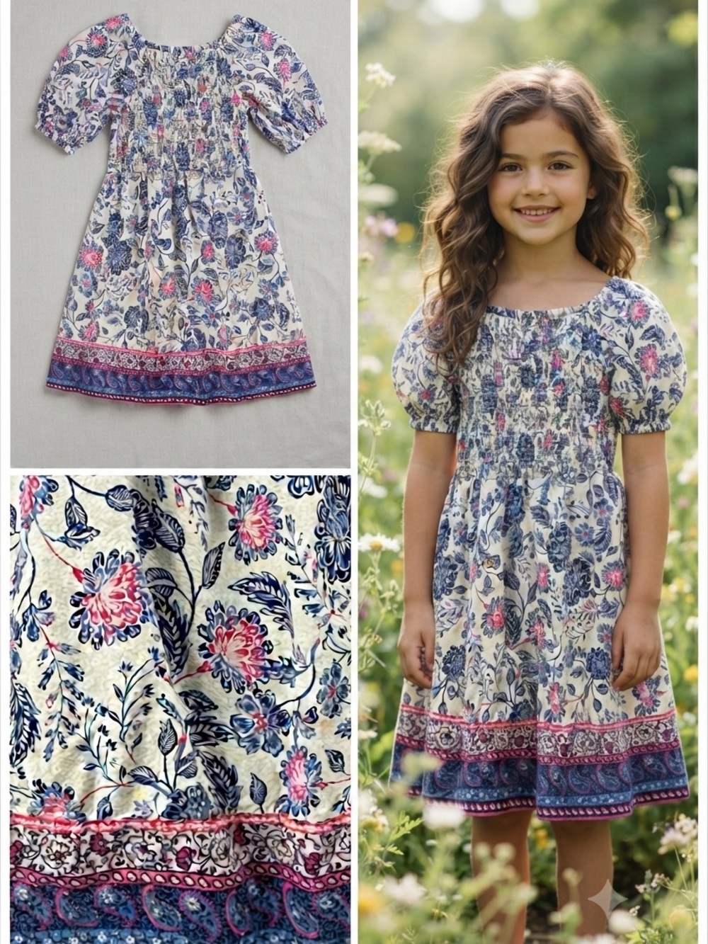Old Navy Girls Floral Peasant Dress White Blue Pink Boho Prairie Cottage S 6-7
